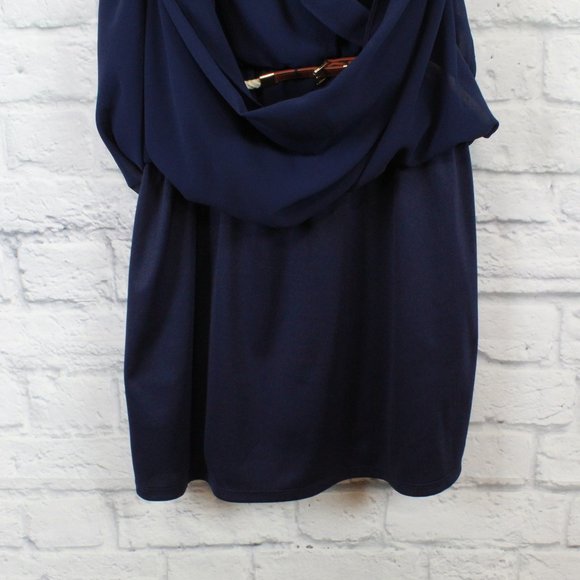 IZ BYER Navy Halter V Neck Ruffle Belted Faux Wrap Rustic Dress Size XL - Picture 6 of 10